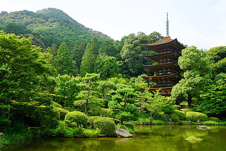 коричневая пагода, япония, ямагути, пруд, деревья, HD обои HD wallpaper
