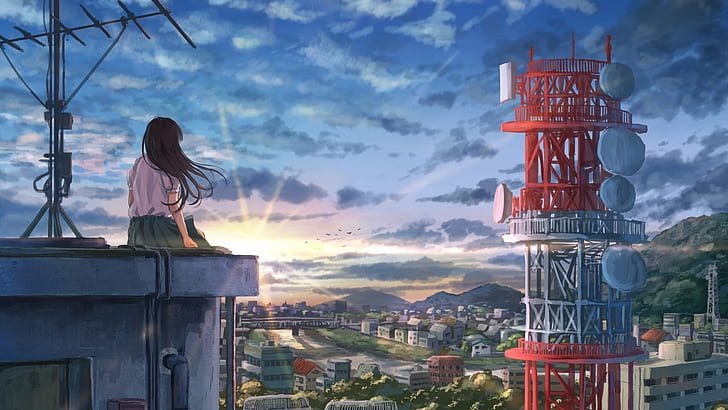 Dach, Sonnenuntergang, Mädchen, HD-Hintergrundbild