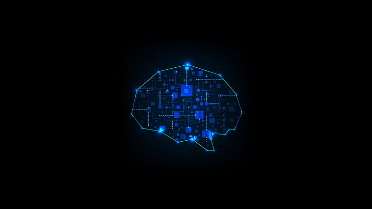 fond noir, simple, minimalisme, art numérique, cerveau, lignes, bleu, incandescent, circuits imprimés, carré, connectivité, électricité, technologie, Fond d'écran HD