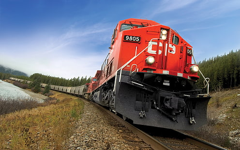 красно-белый самосвал, тепловоз, грузовой поезд, HD обои HD wallpaper
