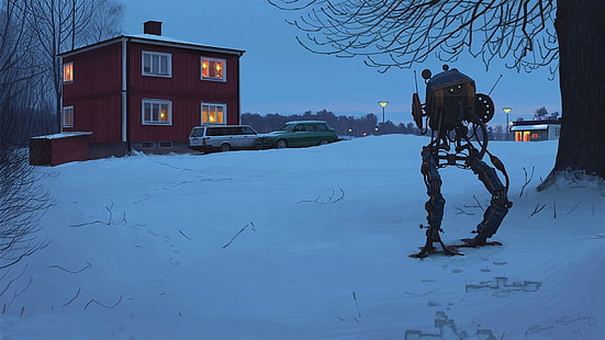 film z postacią czarnego robota, Simon Stålenhag, grafika, science fiction, mech, śnieg, Tapety HD HD wallpaper