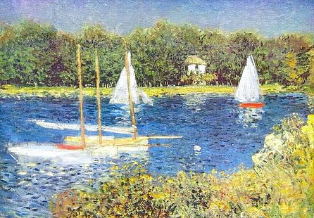 landscape, river, boat, picture, sail, Claude Monet, The Seine at Argenteuil, HD wallpaper HD wallpaper