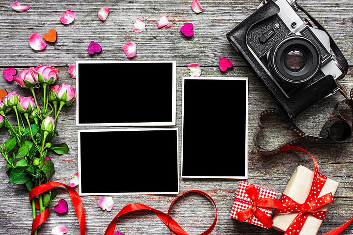 flowers, photo, roses, bouquet, camera, frame, petals, gifts, hearts, love, vintage, wood, pink, romantic, Valentine's Day, decoration, pink roses, HD wallpaper