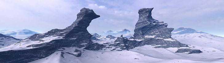 눈 모자 산, 하늘, 다중 디스플레이, 산, 눈, 바위, HD 배경 화면