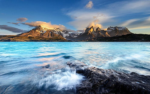 sea and mountains high-saturated wallpaper, nature, landscape, mountains, lake, clouds, Chile, snowy peak, summer, water, Torres del Paine, HD wallpaper HD wallpaper