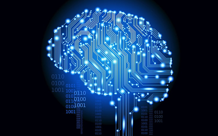 синий мозг логотип, мозг, цифровое искусство, искусственный интеллект, светящийся, бинарный, голубой, черный фон, простой, HD обои