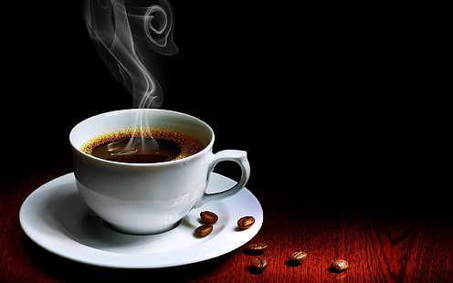 Pires e xícara de cerâmica branca, café, xícara, grãos de café, HD papel de parede HD wallpaper