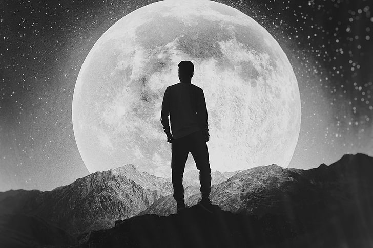 الجبال ، الإنسان ، وحده ، صورة ظلية ، القمر، خلفية HD