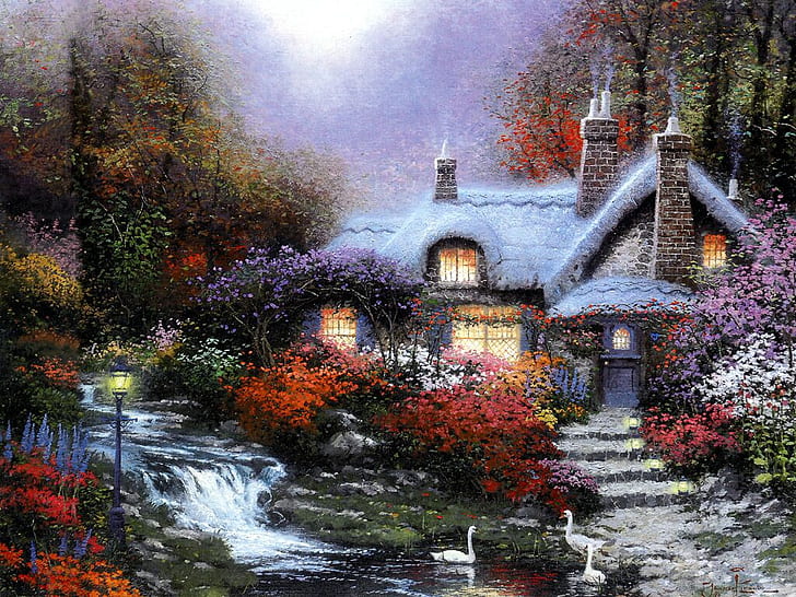 art cottage Swan Cottage Abstract Fantasy HD Art , art, painting, Garden, stream, cottage, swans, HD wallpaper