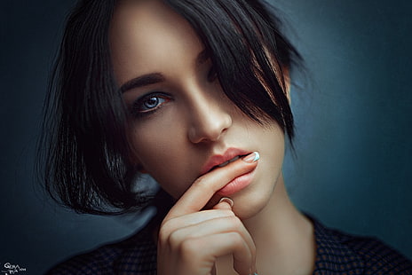 top nero da donna, donna, modella, bruna, occhi azzurri, ritratto, Georgy Chernyadyev, viso, Sfondo HD HD wallpaper