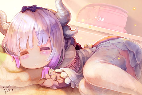 horns, Kanna Kamui (Kobayashi-san Chi no Maid Dragon), sleeping, blushing, loli, Kobayashi-san Chi no Maid Dragon สาวอนิเมะ, วอลล์เปเปอร์ HD HD wallpaper