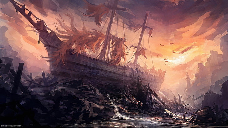 kapal di darat ilustrasi, seni fantasi, ilustrasi, penuh warna, lukisan, kapal, Wallpaper HD