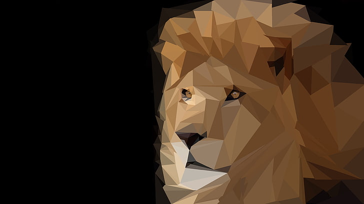 ilustracja brązowy lew, lew, zwierzęta, low poly, sztuka cyfrowa, grafika, czarne tło, Tapety HD