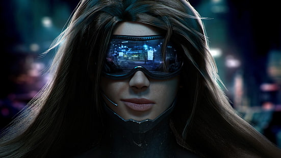 occhiali di protezione blu da donna, donne, persone, pilota, cuffie, cyberpunk, Cyberpunk 2077, videogiochi, futuristici, Sfondo HD HD wallpaper