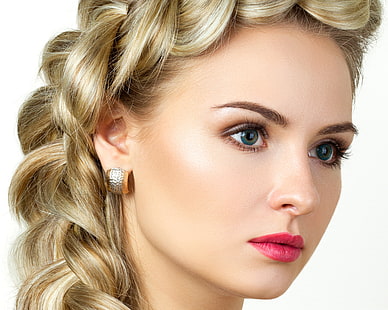 silver-colored earring, face, model, hair, Girl, earrings, makeup, braid, hairstyle, HD wallpaper HD wallpaper