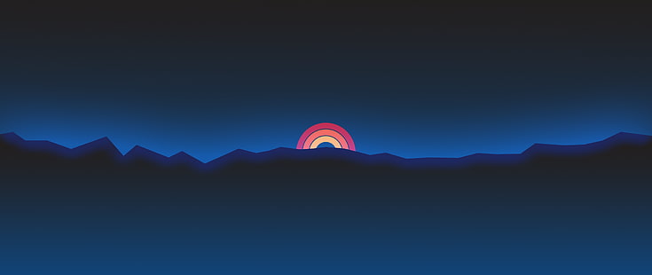Minimalismus, Ultraweit, Sonnenuntergang, Retro-Stil, Berge, Neon, Com Truise, Landschaft, HD-Hintergrundbild HD wallpaper
