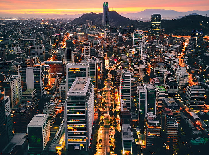 Las Condes City Aerial View, Южна Америка, Чили, Светлини, Град, Изглед, Път, Сгради, Въздушен, Градски, Градски пейзаж, небостъргач, Сантяго, LasCondes, HD тапет