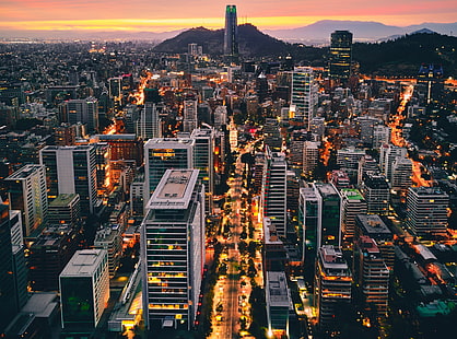 Las Condes şehir havadan görünümü, Güney Amerika, Şili, ışıklar, şehir, görünümü, yol, binalar, hava, kentsel, Cityscape, gökdelen, Santiago, LasCondes, HD masaüstü duvar kağıdı HD wallpaper