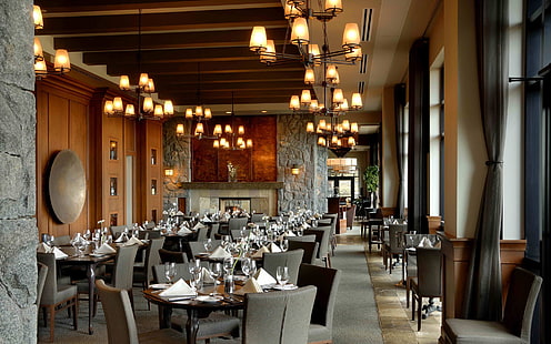 restaurant dining area, restaurant, cafe, appliances, tables, chairs, interior, design, HD wallpaper HD wallpaper