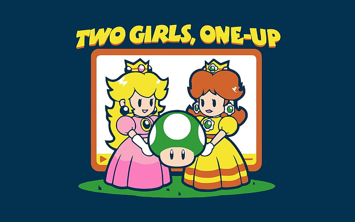 Princesa Peach e Rebecca da ilustração de Super Mario, One Up, Super Mario, Princesa Peach, humor, Margarida, videogame, Nintendo, HD papel de parede