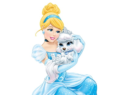 Cinderela, Caine, loira, animal, animal de estimação, fantasia, menina, criança, branco, princesa, Disney, cachorro, azul, HD papel de parede HD wallpaper