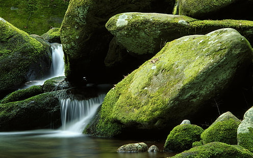 landscape, moss, waterfall, nature, long exposure, rock, stones, stream, HD wallpaper HD wallpaper