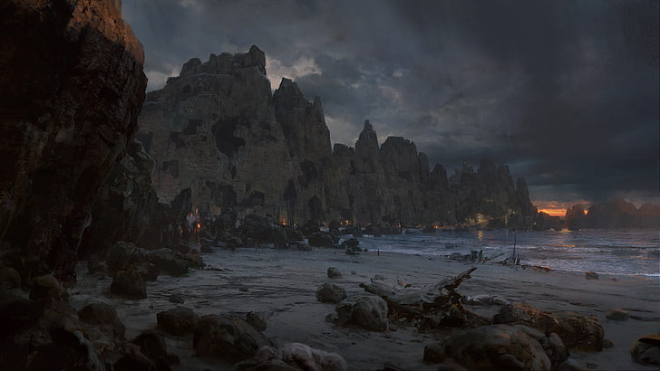 海、亡命の道、デジタルアート、ビデオゲーム、海岸の横にある灰色の岩の形成、 HDデスクトップの壁紙