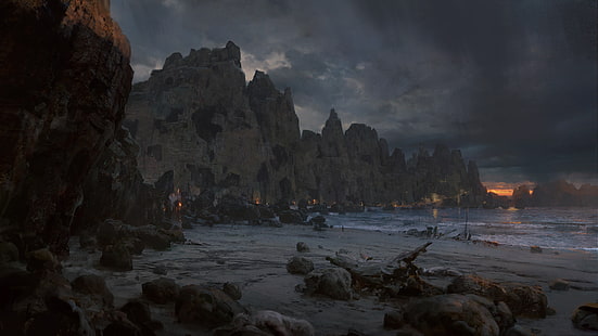 تشكيلات صخرية رمادية بجانب البحر ، مسار المنفى ، الفن الرقمي ، ألعاب الفيديو ، الساحل، خلفية HD HD wallpaper