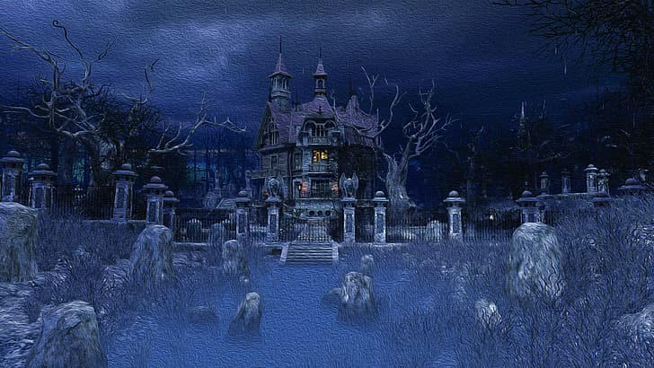 Casa dei fantasmi, inquietante, notte, pittura, Sfondo HD