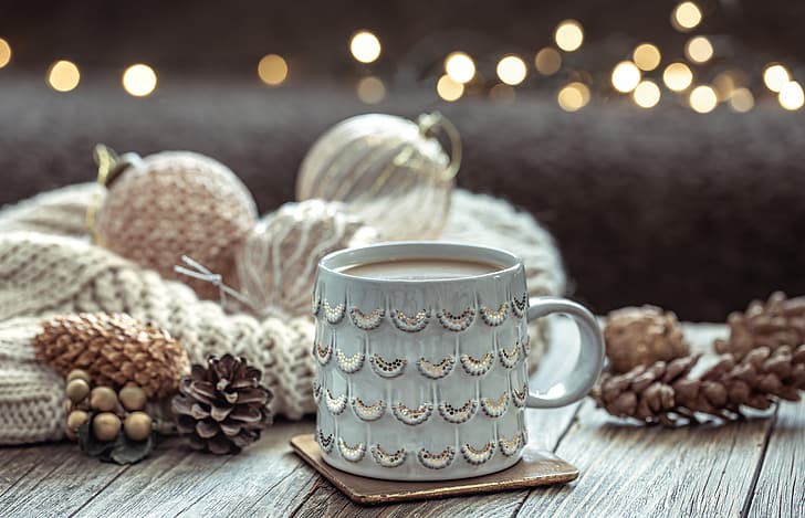decoration, balls, Christmas, mug, New year, vintage, winter, cup, merry, HD wallpaper