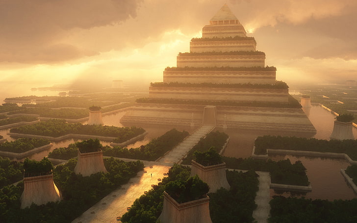 papier peint pyramide en béton brun, jour, pyramide, temple, Fond d'écran HD