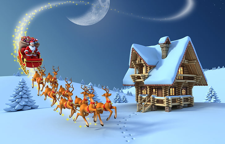 Santa Claus clip art, snow, the moon, tree, new year, Christmas, gifts, moon, Santa Claus, deer, christmas tree, Reindeer, HD wallpaper