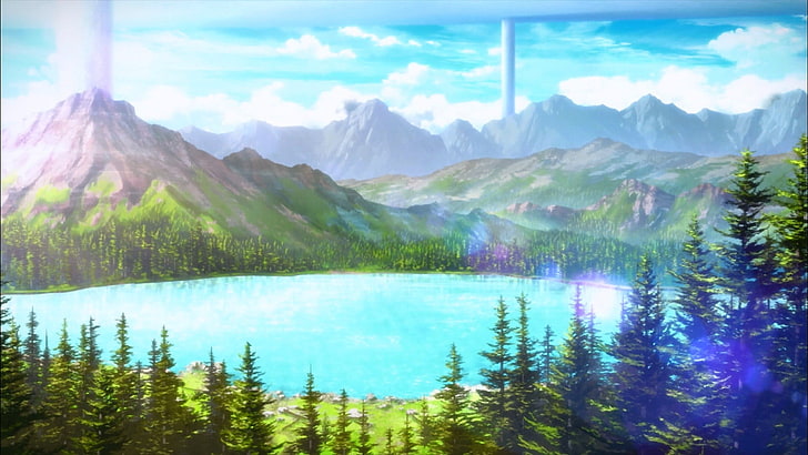 fond d'écran paysage, anime, paysage, Sword Art Online, montagnes, arbres, Fond d'écran HD
