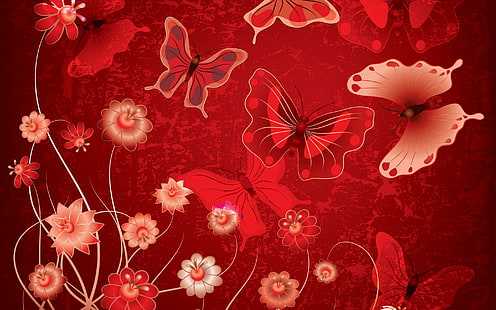 抽象的な蝶、白茶色と赤の花と蝶の図、抽象、グランジ、蝶、花、デザイン、赤、 HDデスクトップの壁紙 HD wallpaper