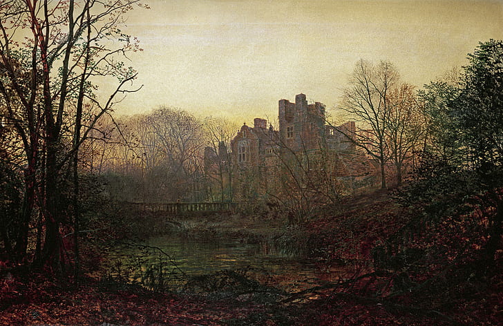 pond, house, fall, leaves, trees, painting, John Atkinson Grimshaw, classical art, HD wallpaper