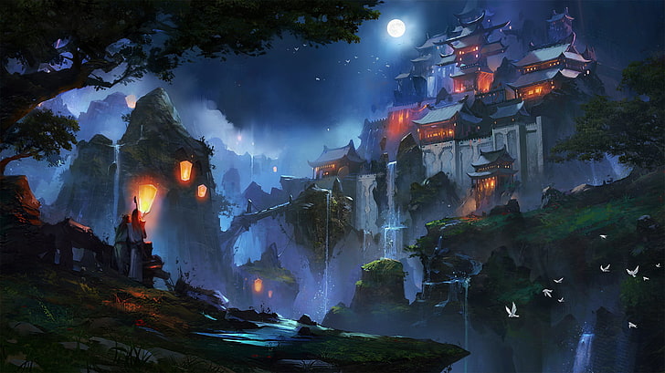 gray temple on top of rock formation fanart, China, Light, Japan, moon, fantasy, game, Nature, Fire, Asian, landscape, Mountain, night, art, scenery, fantastic, Temple, painting, castle, paint, Chinese, Monument, Korea, Japanese, Medieval, video, Torch, Architecture, Korean, Zudarts Lee, Middle age, HD wallpaper
