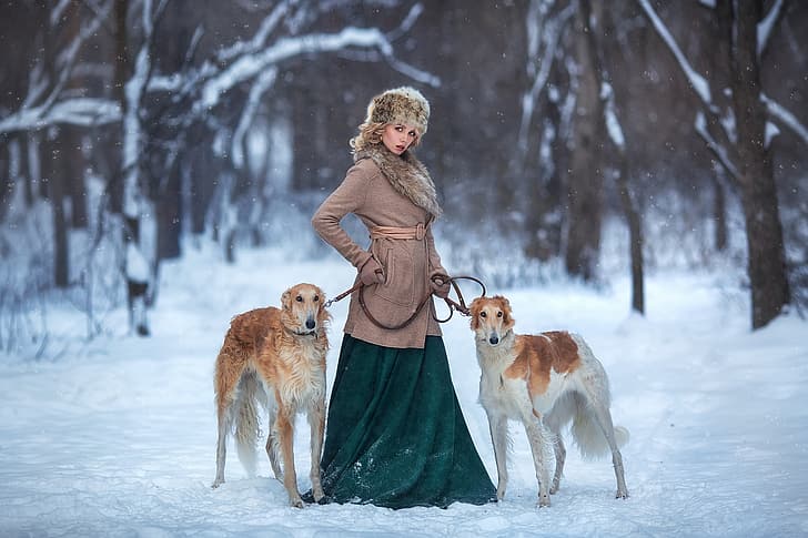 invierno, perros, niña, nieve, pose, Nastya, Anastasia Barmina, Fondo de pantalla HD