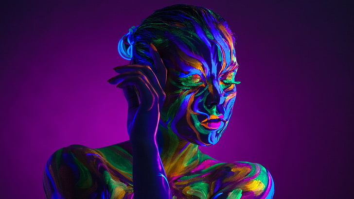 girl, body painting, painting, art, colorful, artistic, neon, HD wallpaper