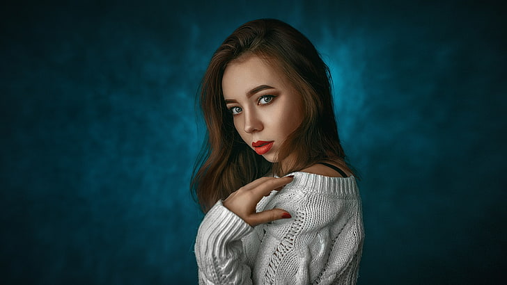 women, red nails, face, portrait, red lipstick, sweater, HD wallpaper