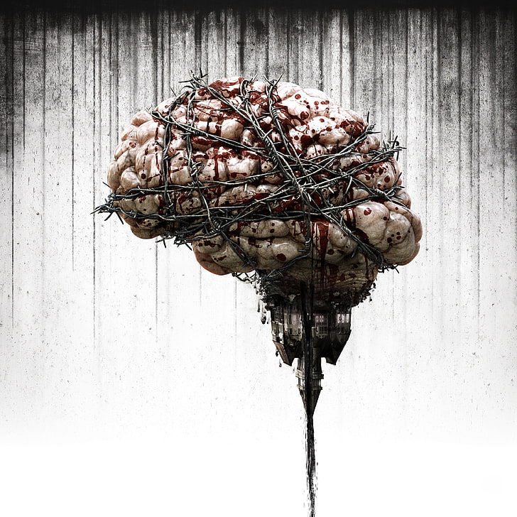 illustration du cerveau, art numérique, cerveau, The Evil Within, jeux vidéo, fil de fer barbelé, sang, roche, vieux bâtiment, maison, à l'envers, fond simple, Fond d'écran HD