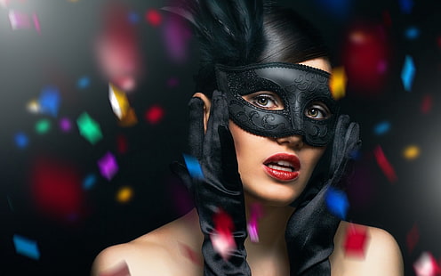 女性の黒いハーフフェイス仮面舞踏会マスク、ブルネット、マスク、ボール、手袋、目、 HDデスクトップの壁紙 HD wallpaper