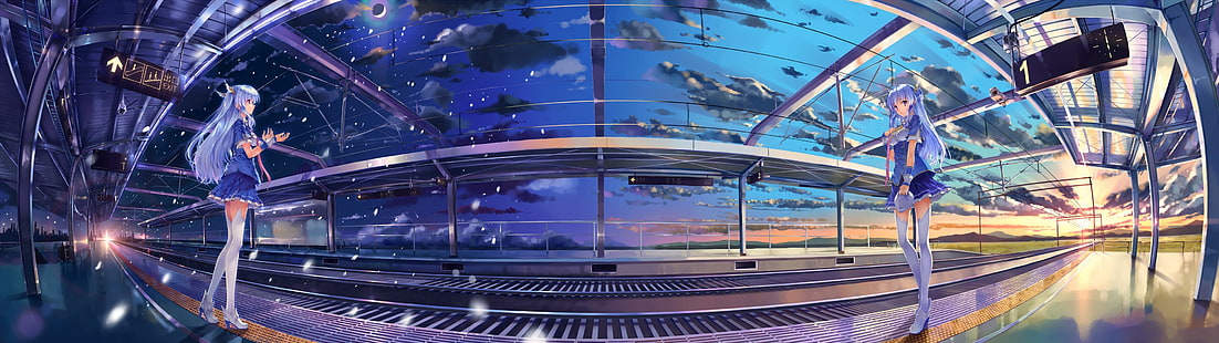 blauhaarige weibliche Anime-Figur, Anime, Himmel, Wolken, Eisenbahn, Mehrfachanzeige, originelle Figuren, Bahnhof, Anime-Mädchen, HD-Hintergrundbild HD wallpaper