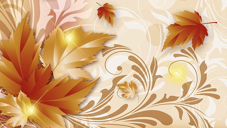 maple leaf digital wallpaper, autumn, leaves, background, art, Golden autumn, HD wallpaper
