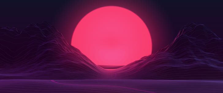 mountains, neon, sunset, HD wallpaper