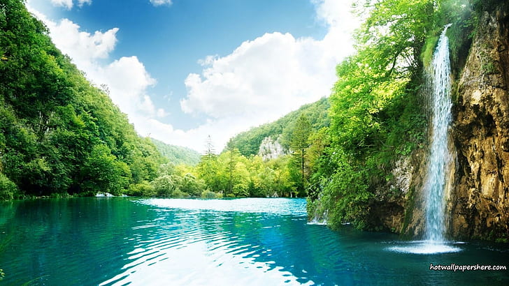 Waterfall On Lake, green tree covered mountain, mountain, tree, lake,  waterfall, HD wallpaper | Wallpaperbetter