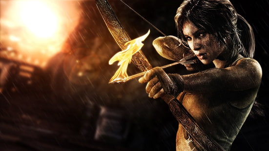 Tomb Raider Lara Croft Spiel digitale Tapete, Lara Croft, Videospiele, Tomb Raider, Feuer, Bogen, Pfeile, HD-Hintergrundbild HD wallpaper