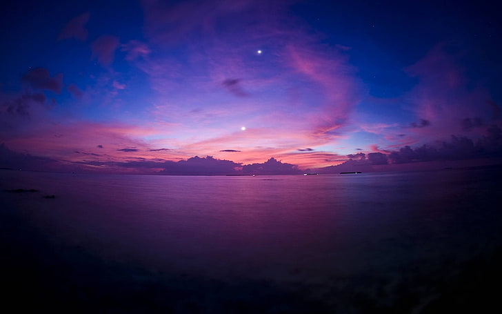 穏やかな水域、海、紫、日没の風景写真、 HDデスクトップの壁紙
