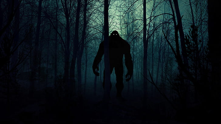 monster, silhouette, forest, night, art, HD wallpaper
