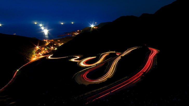 gray pave road, road, long exposure, hairpin turns, light trails, night, nature, landscape, lights, HD wallpaper