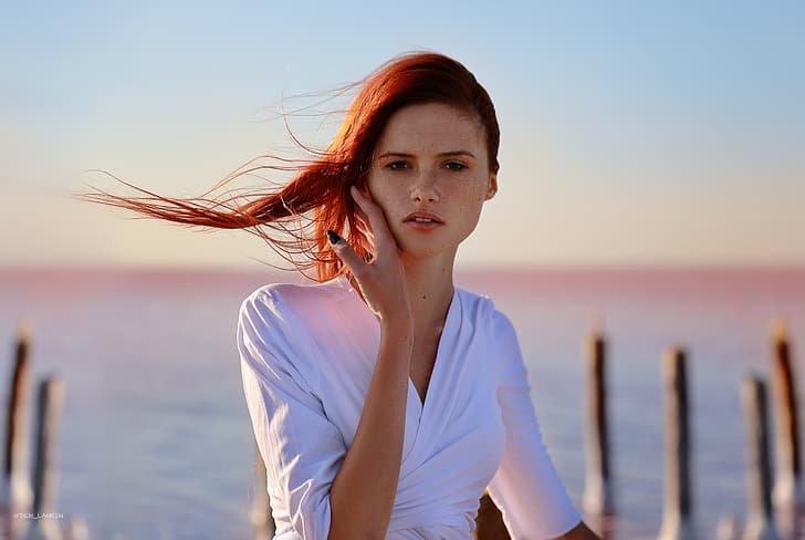 sea, look, girl, pose, hair, hand, portrait, freckles, red, redhead, Angelina, freckled, Denis Lankin, HD wallpaper